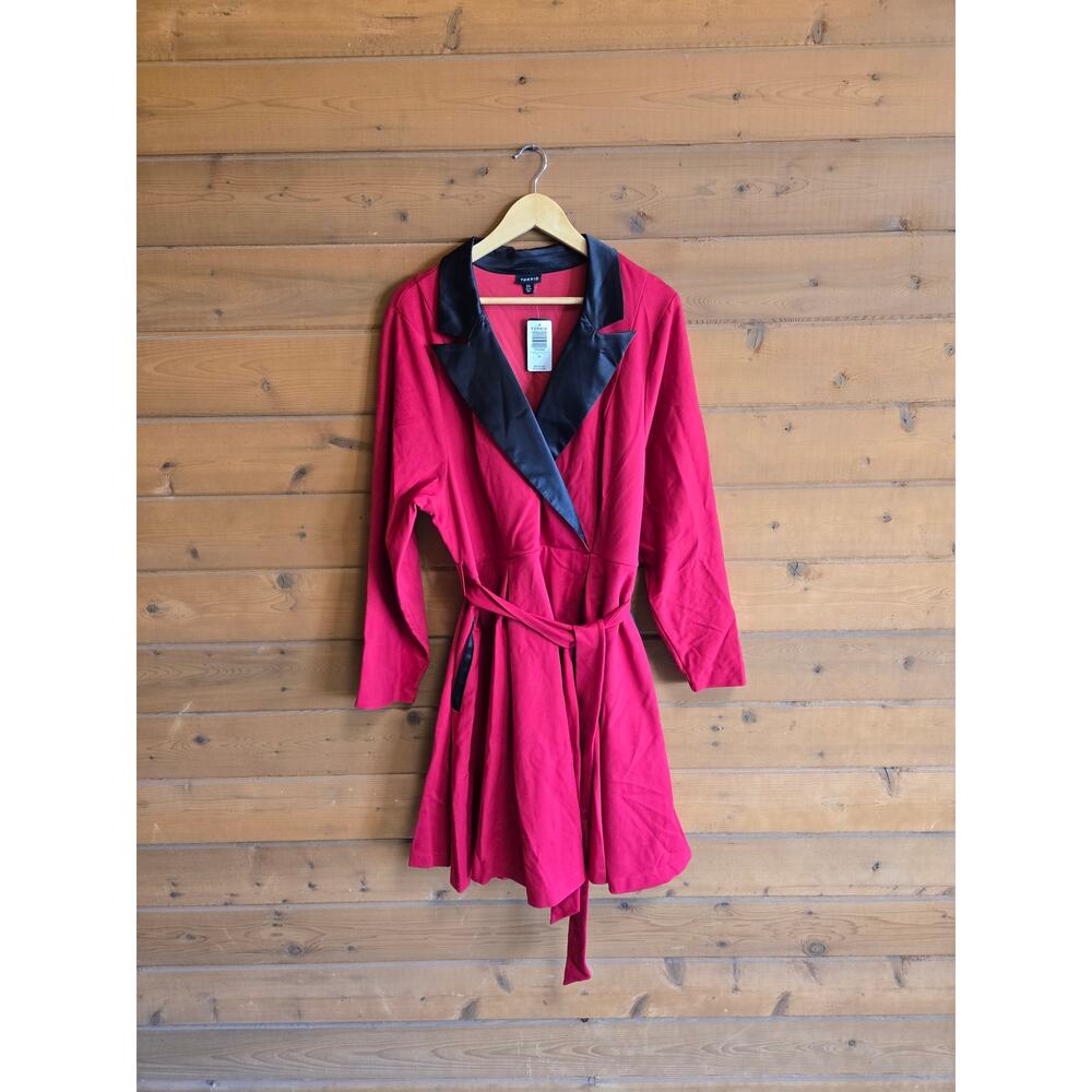 Torrid Tuxedo Dress Mini Skater Jester Red NWT 24 Vneck Satin Long Sleeve Belted - Picture 2 of 6